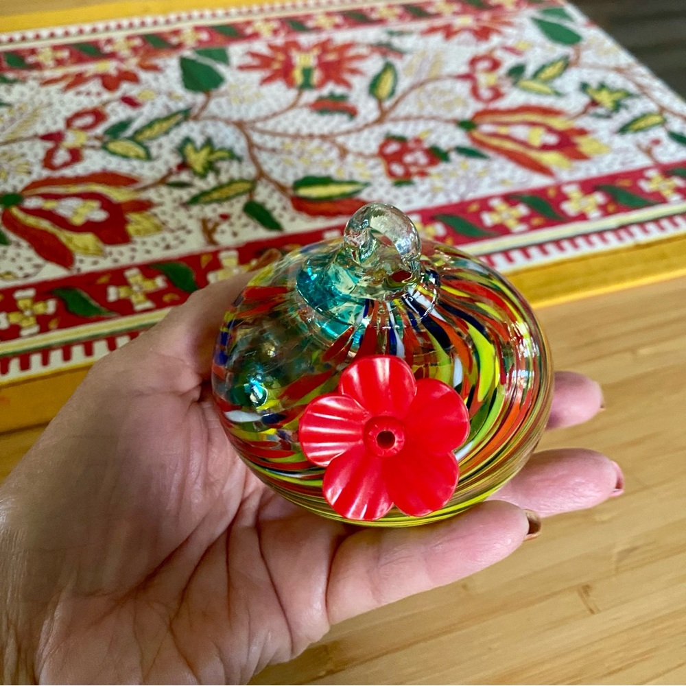 Hand Blown Glass Hummingbird Feeder Red